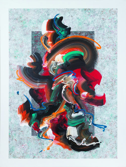 Unleashed #1 , 2017, Acrylic on Canvas, 49.5” x 37.5”. Thick, swirling brushstrokes in black, orange, red, white and turquoise on a light grey textured background.
