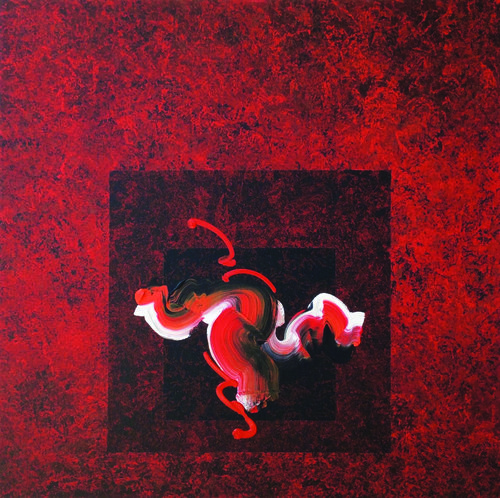 Unleashed #10 , 2017, Acrylic on Canvas, 37.5” x 37.5”. One calligraphic shape in white, red and black on two concentric squares on a red textured background.
