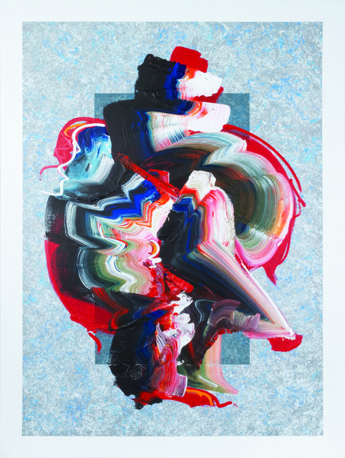 Unleashed #23 , 2019, Acrylic on Canvas, 49.5” x 37.5”. Swirling brushstrokes in black, red, orange and white on a light blue textured background.