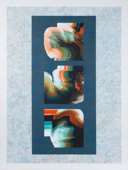 Taliesin Legacy #2 , 2018, Acrylic on Canvas, 49.5"x 37.5". Three calligraphic shapes in black, white, orange and blue on a dark blue rectangular background.