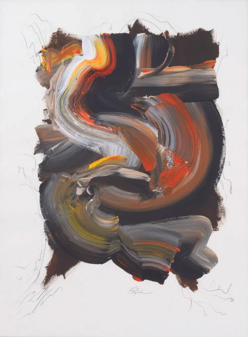 Making Waves Vertical Series 1.4 , 2014, Acrylic and Graphite on Arches Paper, 39.5” x 31.5”. Swirling brushstrokes in black, white, orange, yellow and grey with graphite pencil lines.