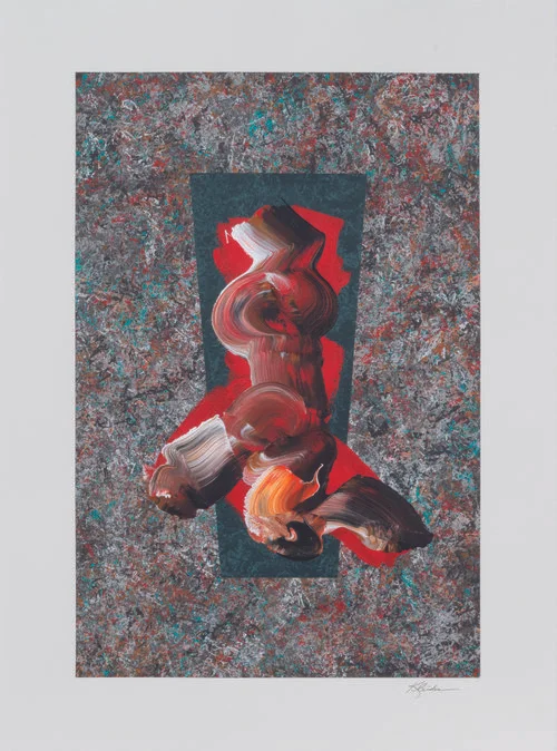 Taliesin Emergence #2 , 2018, Acrylic on Arches Paper, 39.5” x 31.5”. Vertical calligraphic shape in black, red and white on a turquoise quadrangular shape.