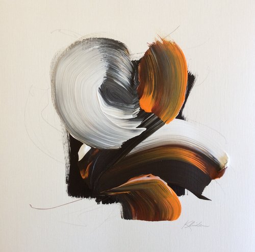 Taliesin Emergence #9 , 2018, Acrylic and Graphite on Canvas, 39.5" x 31.5". Brush strokes in white orange and black on an irregular black background with black graphite lines.