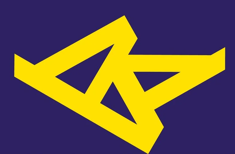 Valerian 2017, Acrylic on Canvas, 40 5/8" x 62 1/8". A medium size horizontal rectangle of unmodulated deep blue/violet with a gestural geometric configuration of pure cadmium yellow.