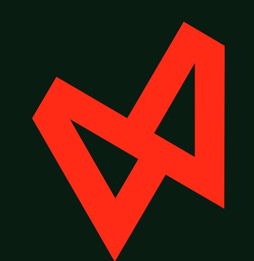 Titus 2018, Acrylic on Canvas, 35 5/8" x 34 5/8". A medium size near square with an unmodulated very dark green field and a geometric configuration of pure cadmium red.