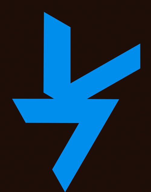 Eleutherius 2018, Acrylic on Canvas, 68 7/8" x 54 3/8". A large vertical rectangle with an unmodulated field of burnt umber and a gestural geometric configuration of pure bright blue.