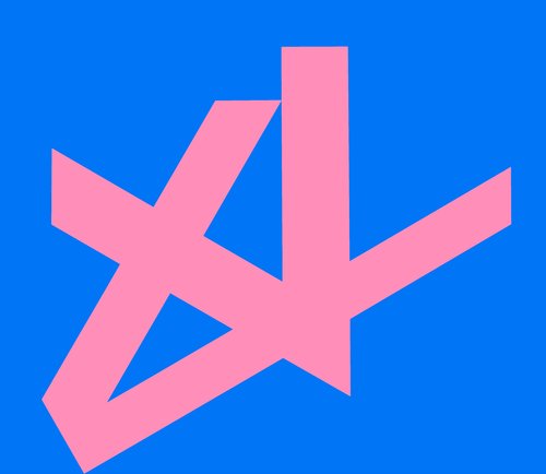 Martinian 2017, Acrylic on Canvas, 55 5/8" x 64". A large horizontal rectangle of unmodulated pure ultramarine blue with a gestural geometric configuration of pure bright pink.