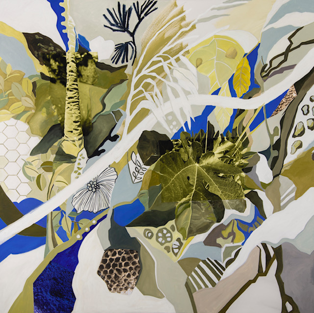 Whiles white line crosses through the whole painting, everything behind and under the line is swirling and interwinding, blues greens Grey sand honeycombed are trying to focus your eyes on the many natural shapes.