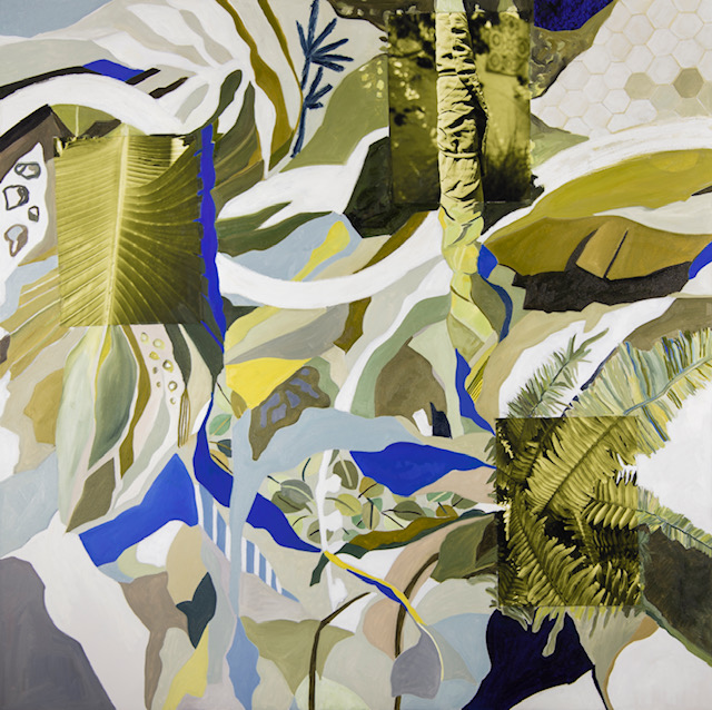 A continuing white line separates them different shades of leaves and ferns and spruces from blues, water and hexagons.