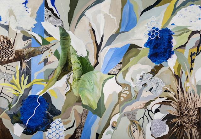 Large negative spaces in white blue green beige and gray are dividing the canvas into parts of a never ending nature inspired plants and hexagons.