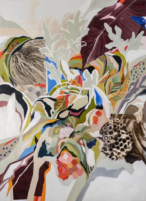 Very colorful shapes, leaves and hexagons in pink, orange blues and greens are dancing a carnival of fun.