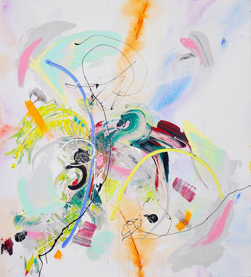 Jessica Krause Smith, Beautiful, 2018, Acrylic on Canvas, 45” x 41". Line oriented abstraction of blue, yellow, black, orange, and gray on a white canvas.