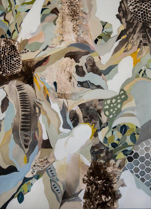 Very muted yellow silk blue grays and beige brown photos of stones, hexagons fruit beans refer to being patient.