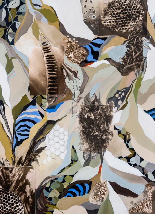 A muted color palette with hexagons, blues beiges and browns are trying to calm you down and suggest you think.