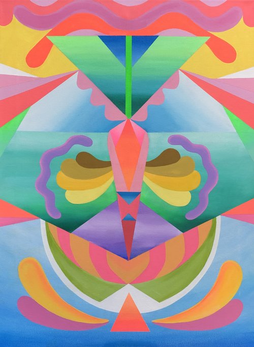 Hayley Youngs, Raccoon Time Machine with a Flamingo, 2019, Acrylic on Canvas, 24” x 18”. Kaleidoscope images of yellow, blue, green, and red.