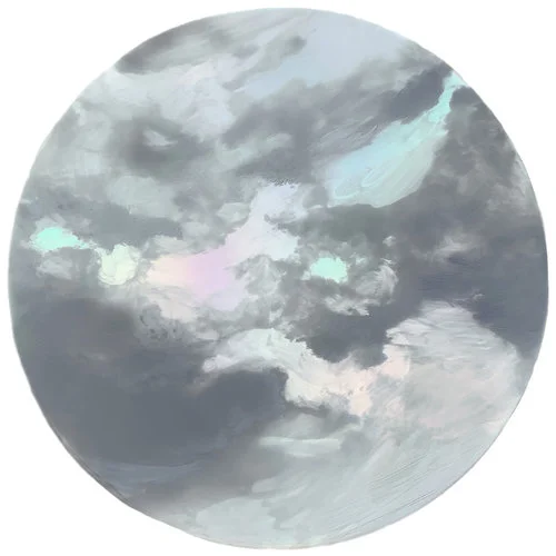 Light gray clouds sweep across a holographic rainbow sky.