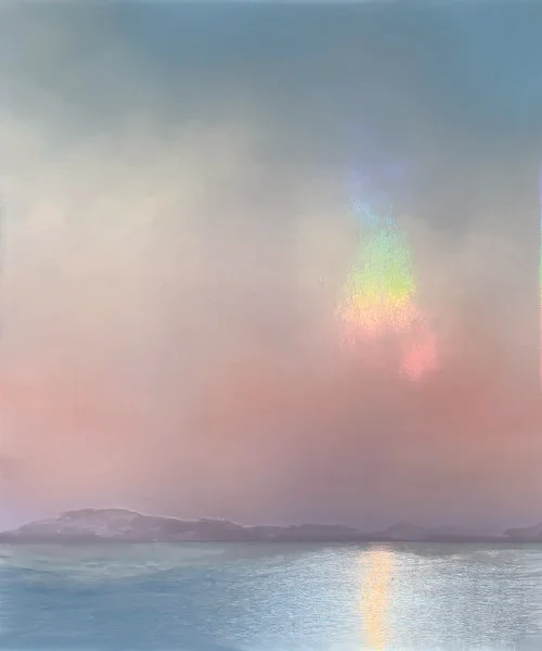 The sky fades from blue to lavender and meets a silver sea.