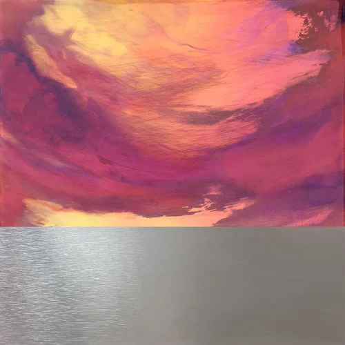 Magenta clouds and gold sky hover above a silver sea.