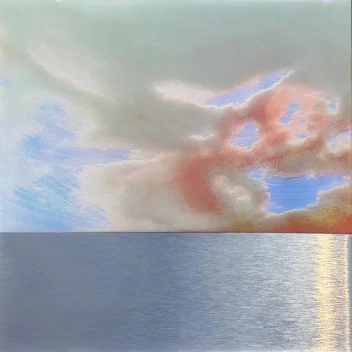 Light grayish-blue clouds and blue sky hover above a silver sea.