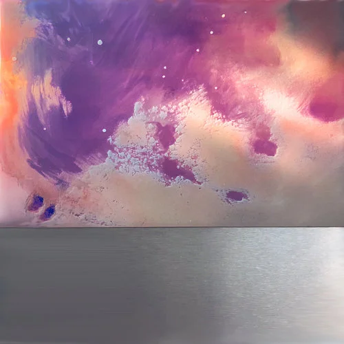 Coral clouds and purple night sky hover above a silver sea.