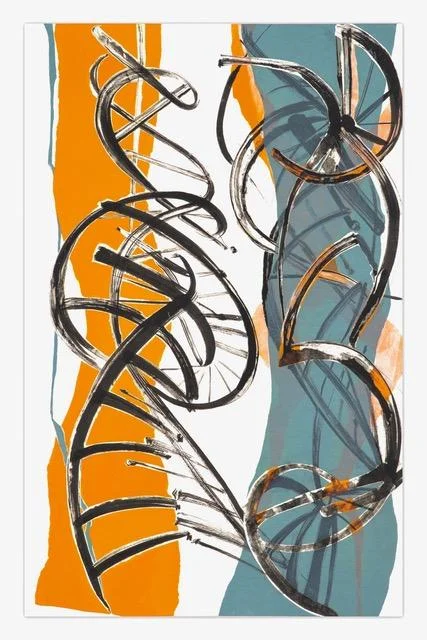 Two double helixes in white and gray partially obscure an orange abstract figure.