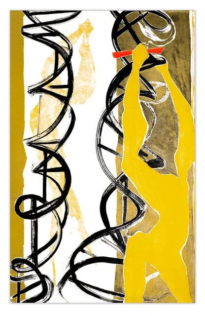 Two abstract yellow figures intertwine with two bronze and black double helixes .