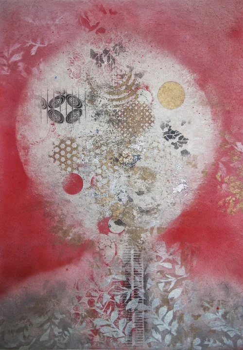Thinking , 2015, Oil Based Ink on Mulberry Paper Board Mount, 35” x 25” x 2”. Asian inspired abstraction with dominant white moon in the middle surrounded by red background and silver leaves on a gold foreground.