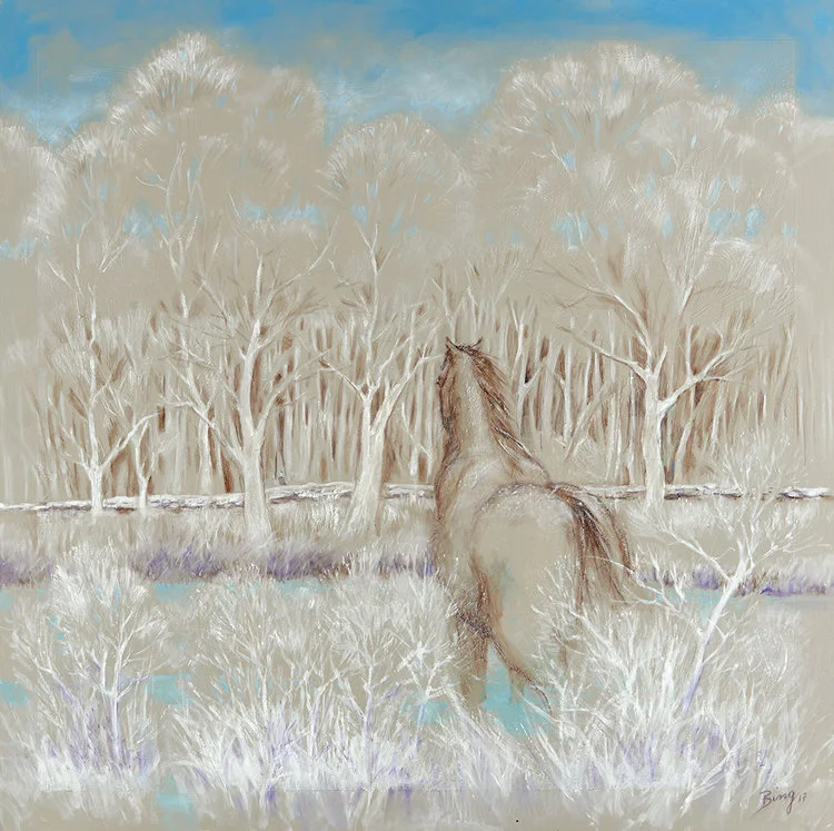 Longing-Winter, 2017, Oil on Canvas, 36" x 36". Equestrian landscape with white trees and tan horse.