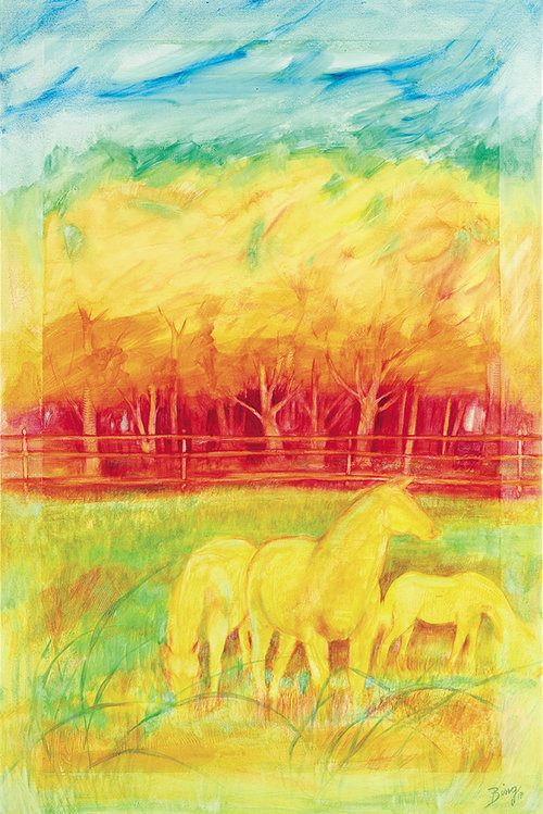 Search, 2017, Oil on Canvas, 36"x24". Equestrian monochromatic yellow coral scene.