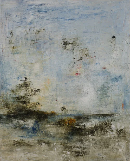 Shoal Bay No. 2 , 2017, Oil on Panel, 60" × 48". Abstract horizon based landscape clouds clouds are white while lower landscape is brown.