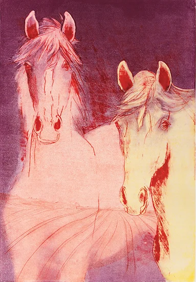 Two Horses, 2010, Monoprint, 41 1/2" x 29". Two horses monochromatic in red and white.