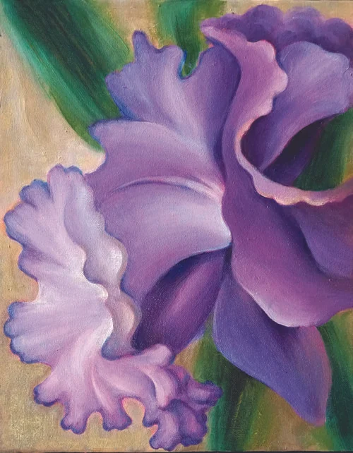 Purple Daffodil , 2018, Oil on Canvas, 14"x11". Purple daffodil with green stem and tan background.