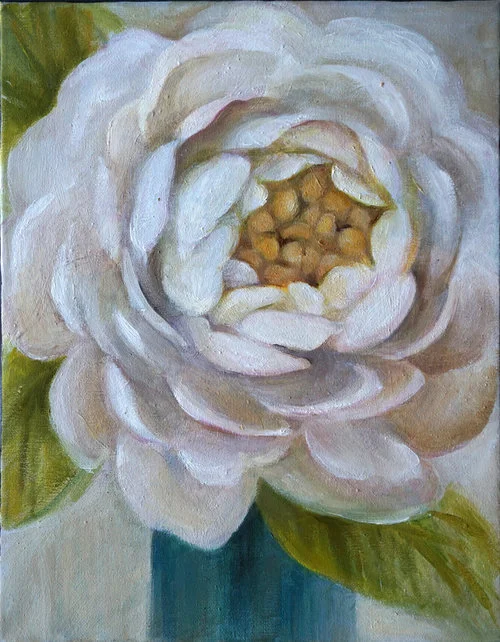 White Dahlia , 2018, Oil on Canvas, 14” x 11”. White abstract dahlia with green leaves and gray background.