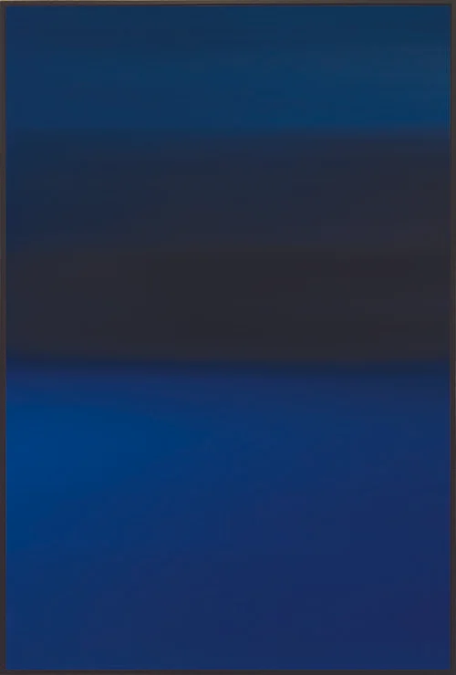 HORIZON_07 NY , Archival Giclee Print on 100% Cotton Paper with Protective Coating, 54”x 36” Colorfield blue vertical print with black band in the upper half.