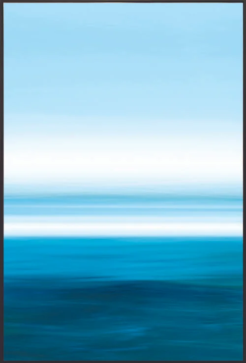 HORIZON_08-LA , Archival Giclee Print on 100% Cotton Paper with Protective Coating, 54”x 36”. Colorfield vertical abstraction seascape with blue and white horizon in upper half.