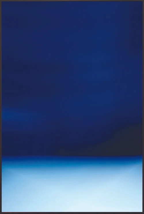 HORIZON_09-NYC , Archival Giclee Print on 100% Cotton Paper with Protective Coating, 54”x 36”. Colorfield vertical abstraction seascape light blue bottom third, dark blue upper 2/3s.