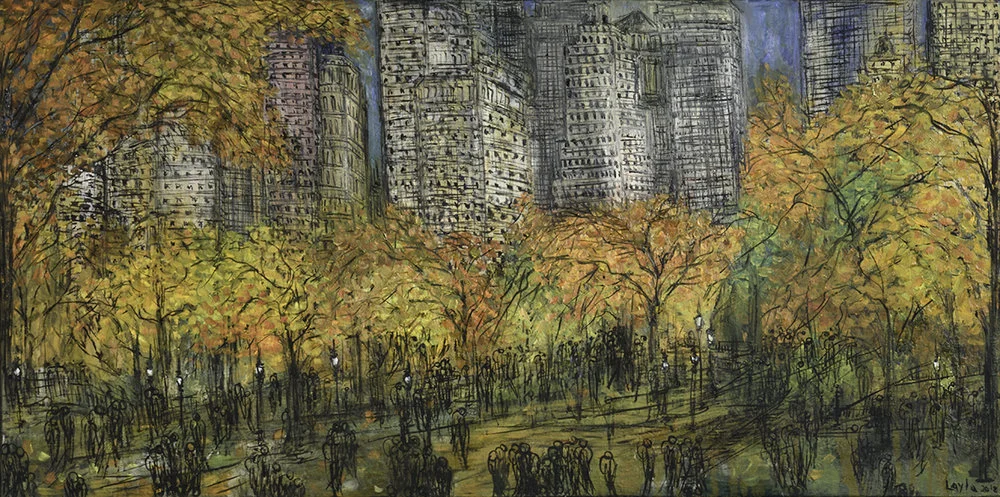 Central Park Dream Opus 18 , 48” x 72”. Fall colors for dreamy central park scene. Crowds in the foreground, cityscape in the background with green, orange, yellow and blues.