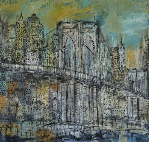 Brooklyn Bridge Opus 18 , Oil on Canvas, 42"x44". The Brooklyn Bridge in teal blue, green, yellow and orange colors.