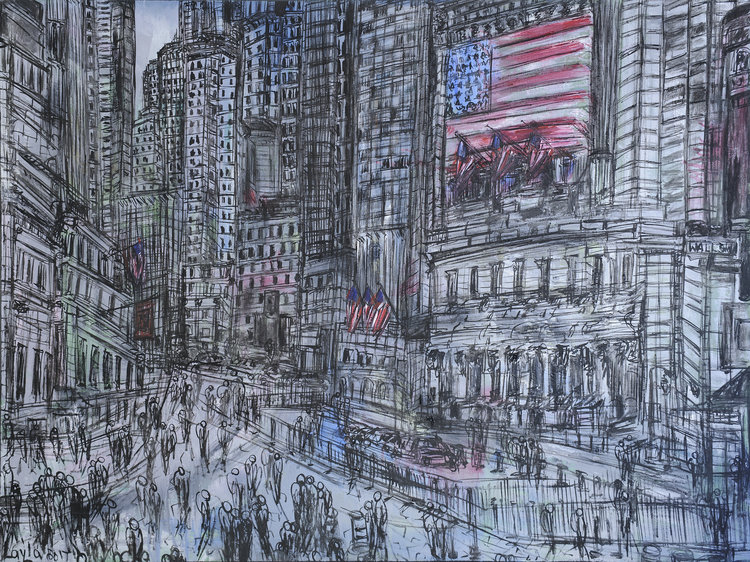 New York Stock Exchange Opus 119 , Oil on Canvas, 36"x48". The grandeur strength of the New York Stock Exchange in predominantly black and white with a touch of red and blue.