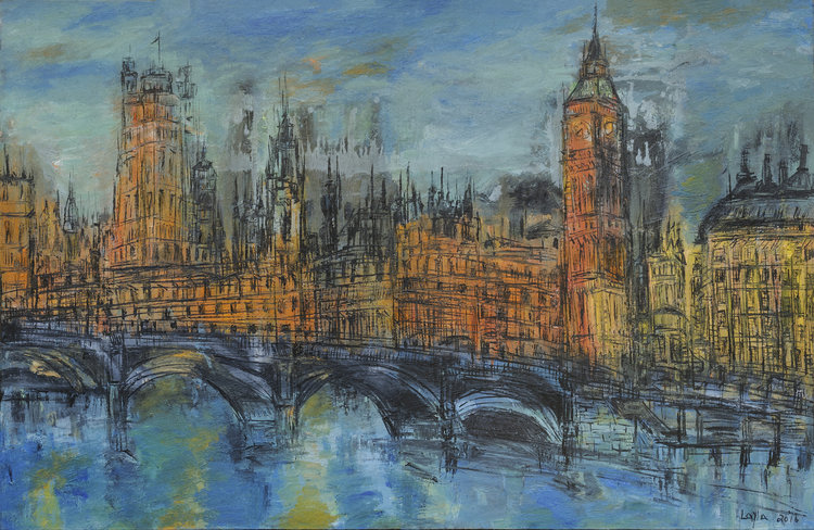 London Opus 2017 , Oil on Canvas, 30” x 46”. London scene with river, bridges, and buildings. colors predominantly blue and orange.
