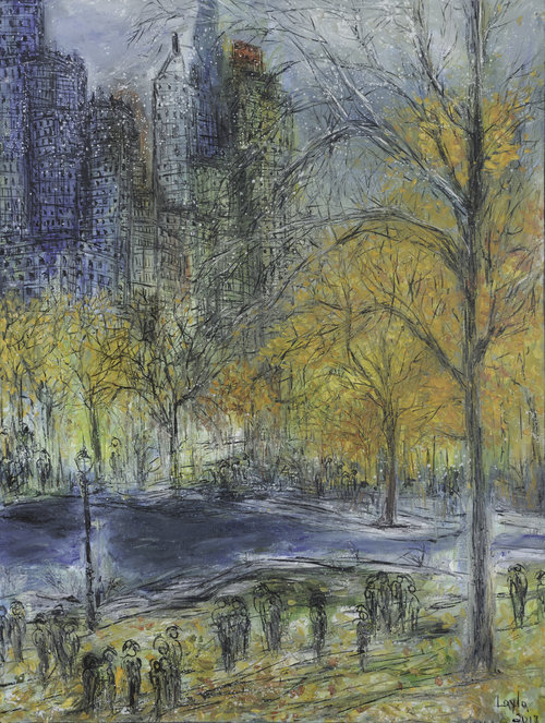 Central Park in Winter Opus 20 , Oil on Canvas, 48"x46". winter central park scene with crowds on the foreground, yellow trees and gray buildings on the background with snowy blue sky.