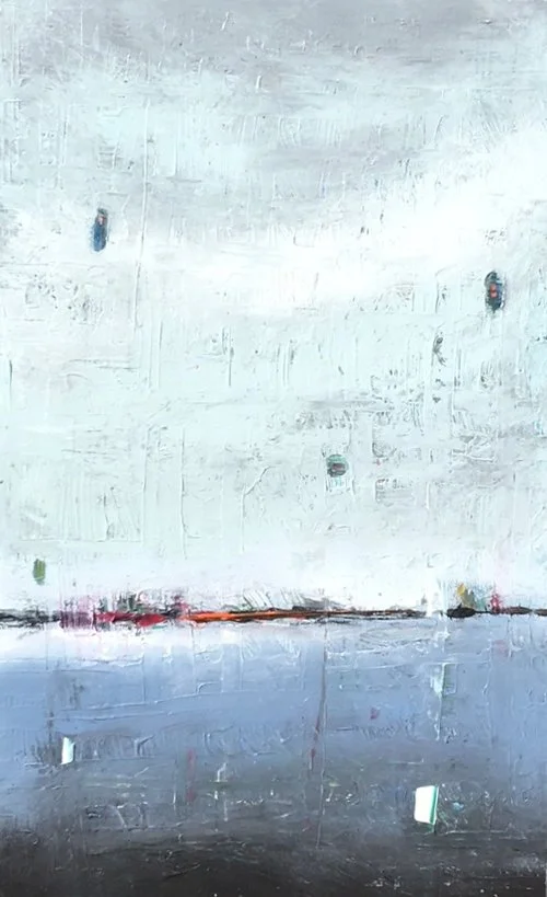 A Ships Tale, 2017 , Mixed Media on Canvas, 30" x 48". Colorfield vertical abstract seascape dark blue foreground white and turquoise sky.