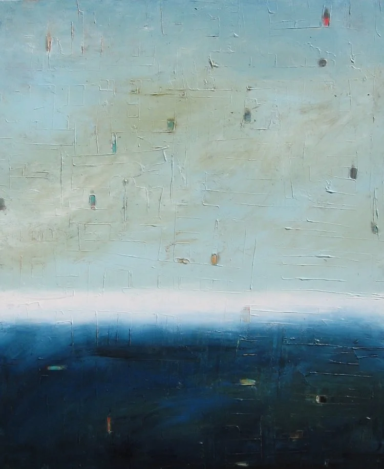 The Deep , 2015, Mixed Media on Canvas, 64" x 44" Colorfield vertical abstract seascape deep dark blue foreground and blue, green, white horizon.