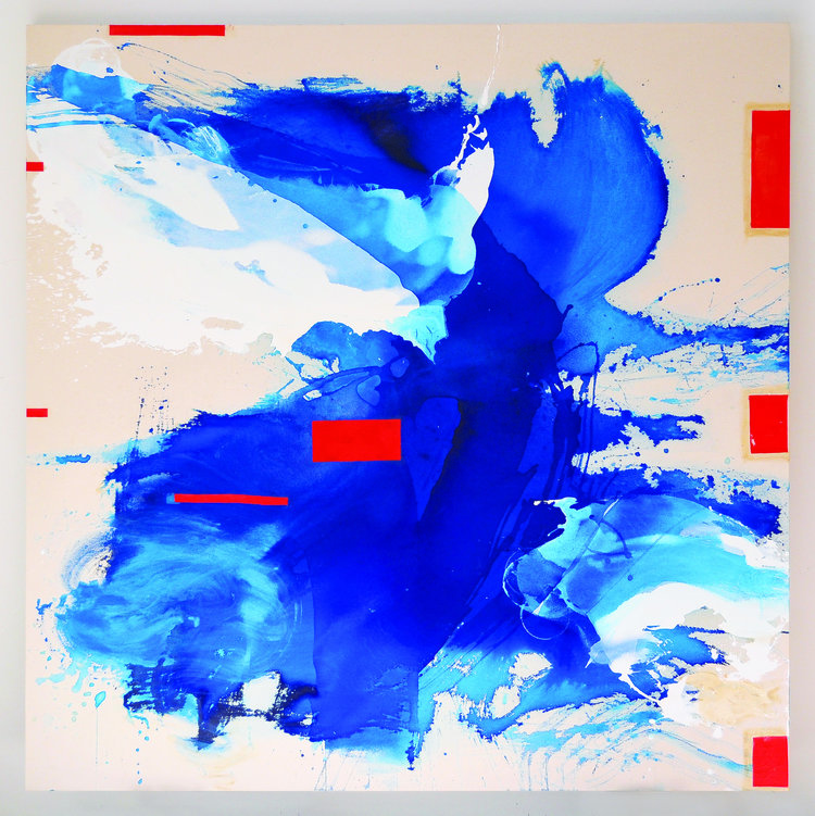 Blue Crystals Revisited No.7 , 2017, Acrylic Ink, Acrylic Paint, Mica Powder, Painted Collage on Canvas, 72"x72". Splashed cloud-like forms of white and blue dominate a white canvas with seven red rectangular shapes throughout.
