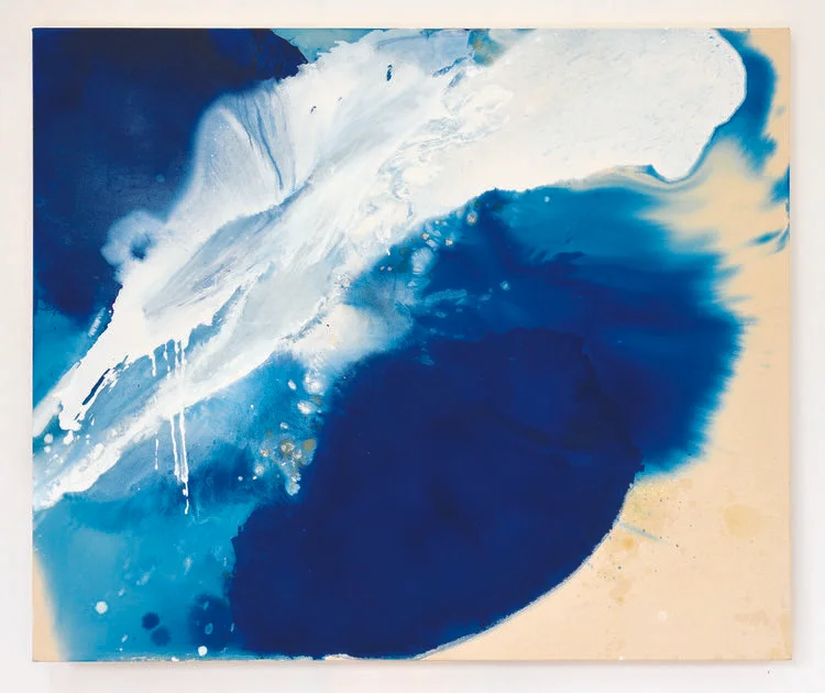Blue Crystals Revisited No.10 , 2018, Acrylic Ink, Acrylic Paint, Mica Powder, Shellac on Canvas, 50” x 60”. Dark and light blue and white clouds cover a white canvas.