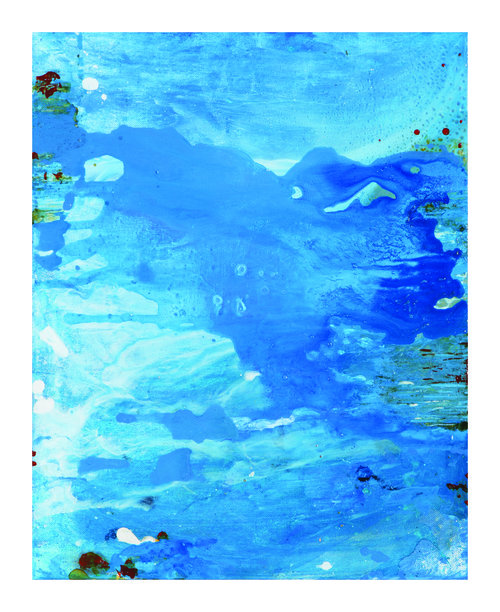 Lotus Rising No.11 , 2012, Acrylic Ink, Acrylic Paint on Canvas, 20” x 16” Blue cloud-like surfaces cover the canvas.