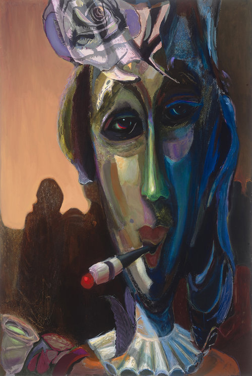 Night’s Flight , 2014, Acrylic on Canvas, 60" x 39". Abstract portraiture of a Parisian woman smoking a cigarette. Blue, green, yellow on the face with brownish orange background.