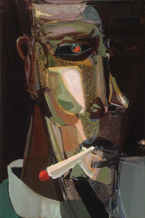 A Palooka, 2019, Acrylic on Canvas, 18" x 14” x 1 1/2”. Abstract portraiture of a man with triangular shapes on cheeks and nose, smoking a cigarette. Green dominating with tan and red color on black background.