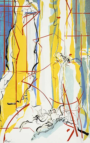 Falls , 2016, Ink and art papers on canvas, 60" x 38". Large abstract waterfall in yellow and blue behind a broken red grid.