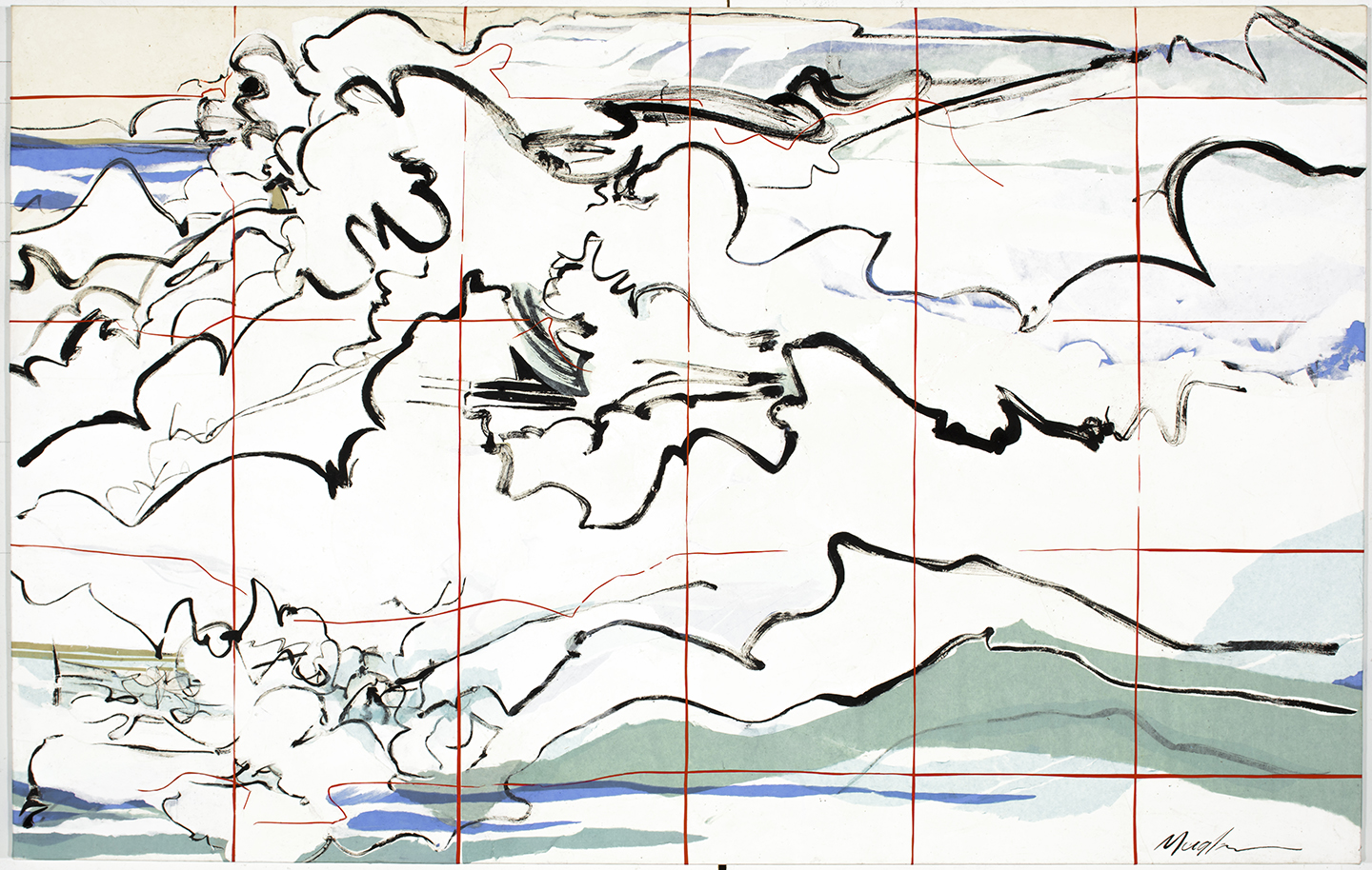 March , 2016, Ink and art papers on canvas, 38"x 60". Waves of black lines speed across a white canvas behind a broken red grid.